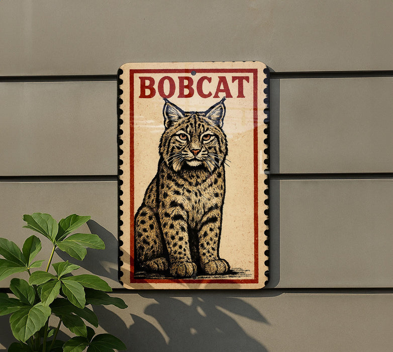 a sign with a picture of a bobcat, a type of wild cat, mounted on a wall.