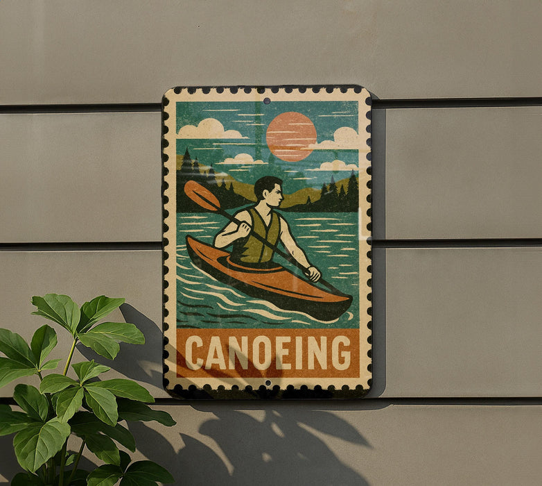 A vintage-style metal sign with a canoe illustration and the word "Canoeing" written below it, mounted on a wall.