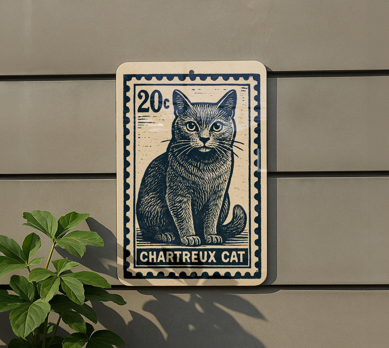 A 20-cent postage stamp featuring a cat, mounted on a wall next to a plant.