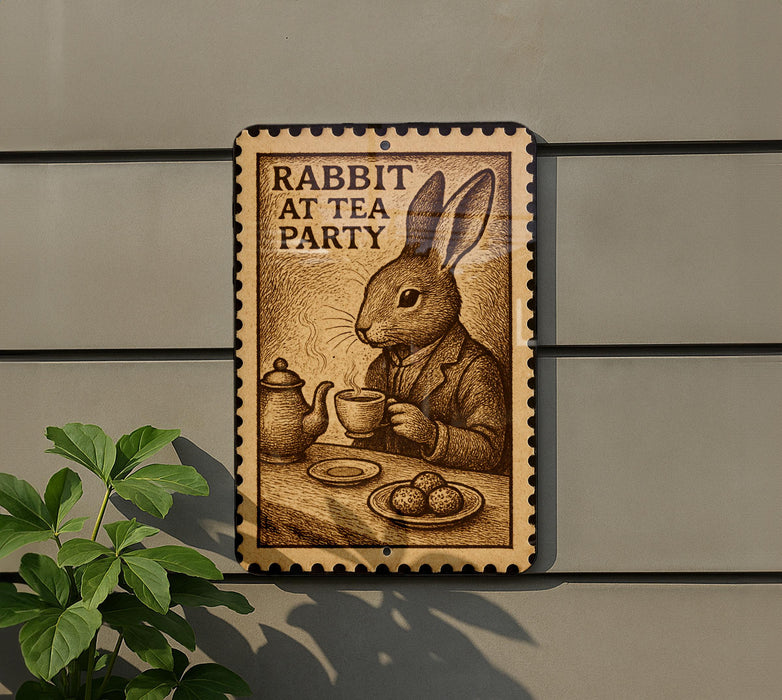 a sign with a rabbit sitting at a table, holding a cup and a saucer, and surrounded by food items.