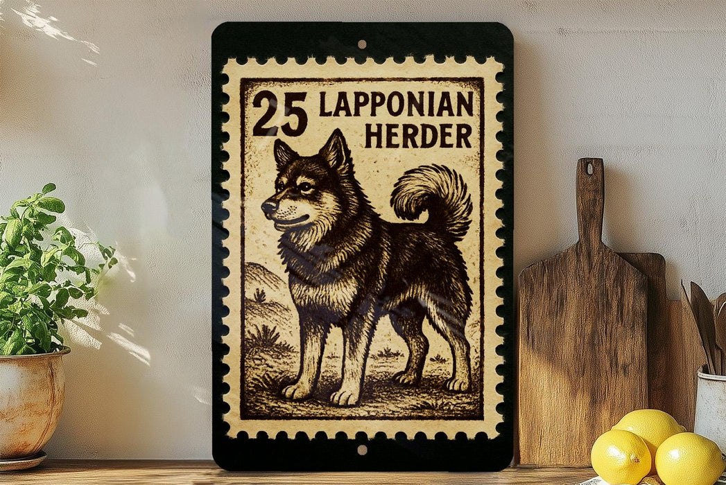 a black and white illustration of a Lapponian Herder dog on a wooden surface, with a wooden cutting board and a potted plant in the background.