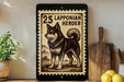 a black and white illustration of a Lapponian Herder dog on a wooden surface, with a wooden cutting board and a potted plant in the background.