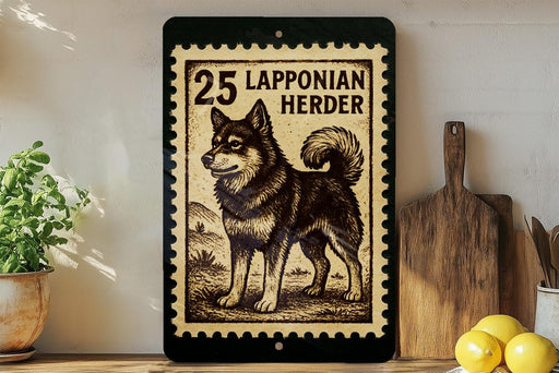 a black and white illustration of a Lapponian Herder dog on a wooden surface, with a wooden cutting board and a potted plant in the background.