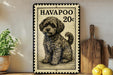 A framed illustration of a dog, resembling a haiku, is displayed on a shelf next to a wooden cutting board and a potted plant.