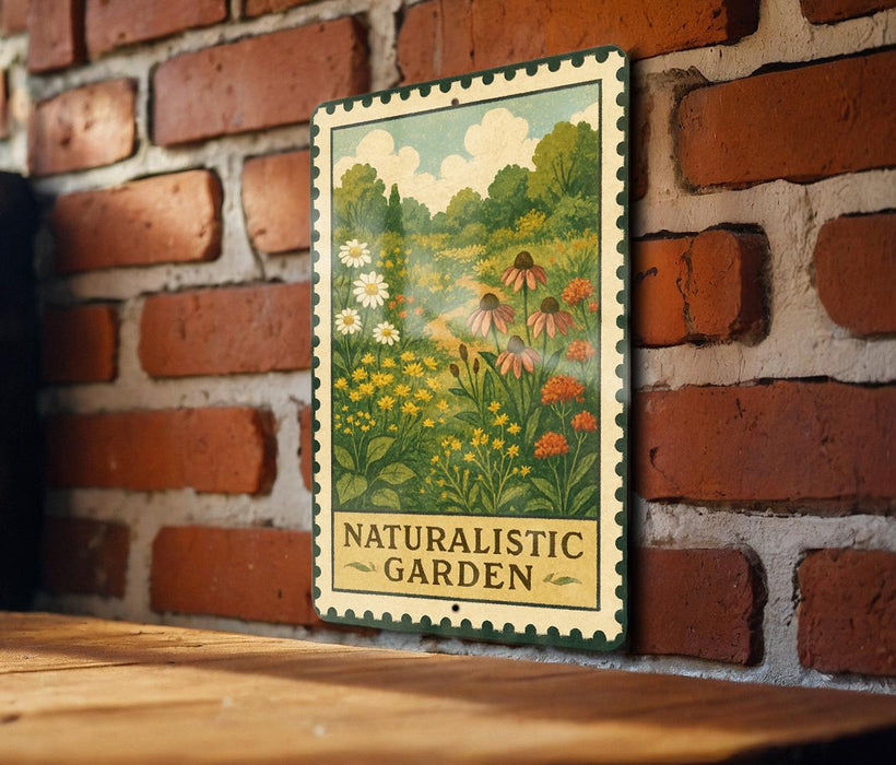 A vintage-style metal sign with a floral illustration hangs on a brick wall, displaying the text "NATURALISTIC GARDEN".