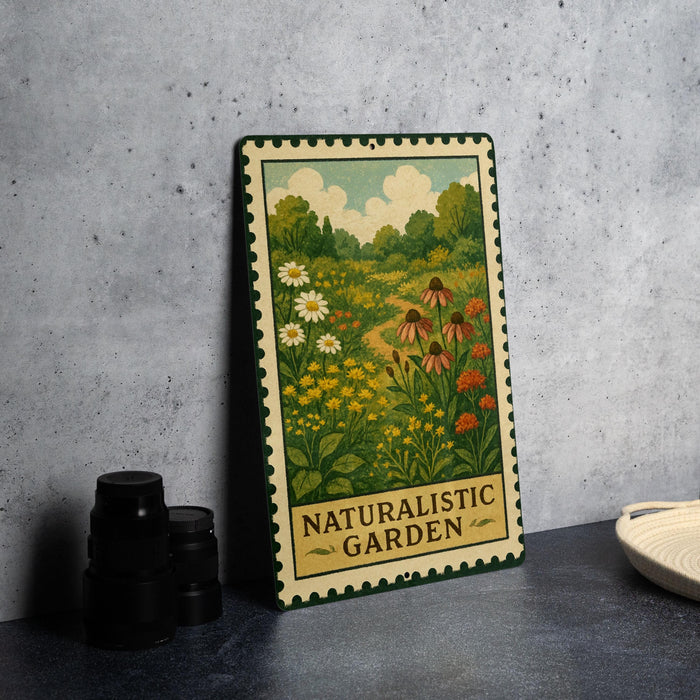 A vintage-style metal sign with a floral illustration and the text "Naturalistic Garden" is displayed on a gray countertop.