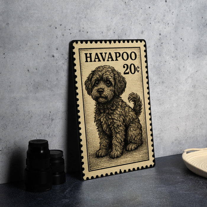 A framed image of a dog, likely a Havapoo, is displayed on a table next to a stack of black camera lenses.