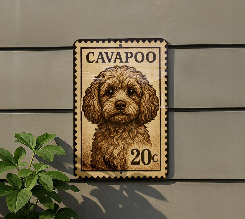 a dog, specifically a Cavalier King Charles Spaniel, depicted in a postage stamp-like frame.