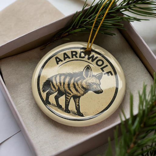 A circular ornament featuring a hyena silhouette and the text "Aardwolf" is displayed in a box with pine branches.