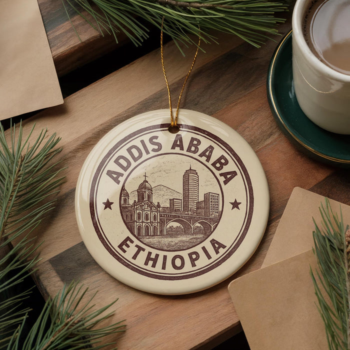 A circular ornament with the text "ADDIS ABBA" and "ETHIOPIA" printed on it, surrounded by pine branches and a cup of coffee on a wooden surface.