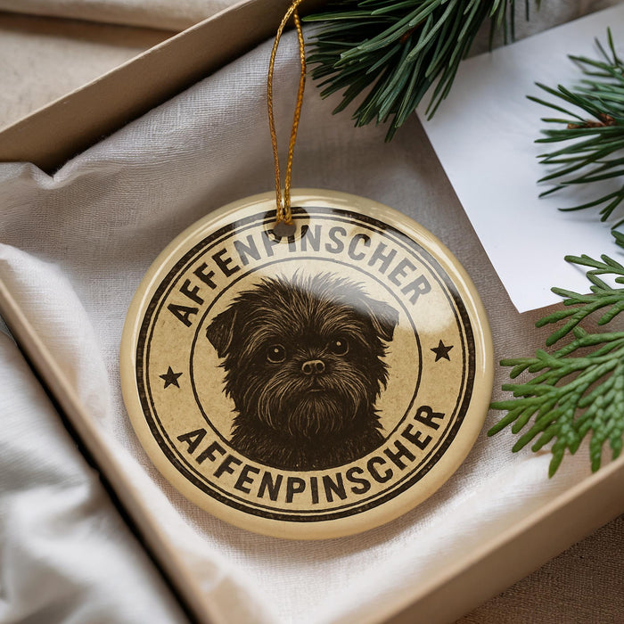 A circular ornament with a dog's face and the text "affenpinscheraffenpinscher" is displayed in a box, surrounded by pine branches.