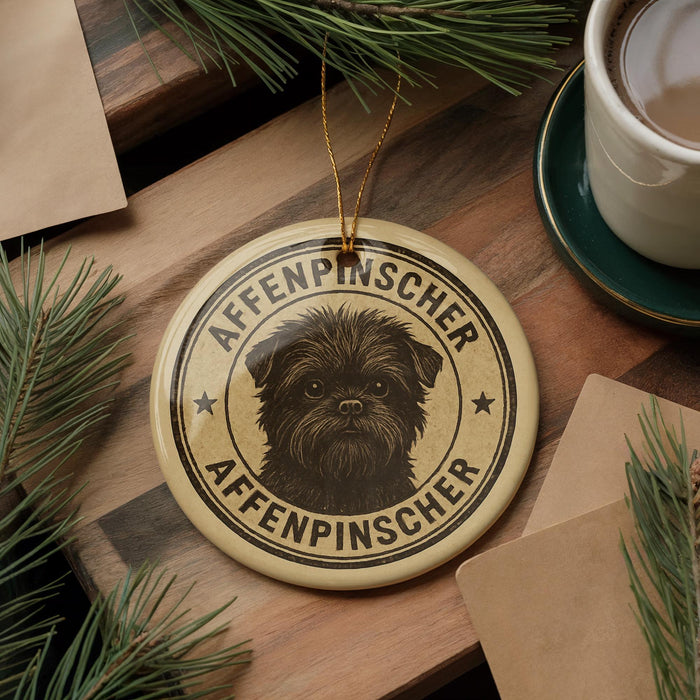 A circular ornament with a dog's face and the text "AFFENPINSCHER" is displayed on a wooden surface, surrounded by pine branches and a cup of coffee.