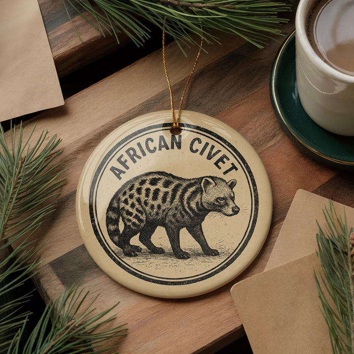 a circular ornament with a black and white illustration of a spotted animal, likely a wild cat or feline species, and the text "AFRICAN CIVET" written around the edge of the ornament. The ornament is placed on a wooden surface, surrounded by pine branches and a cup of coffee.
