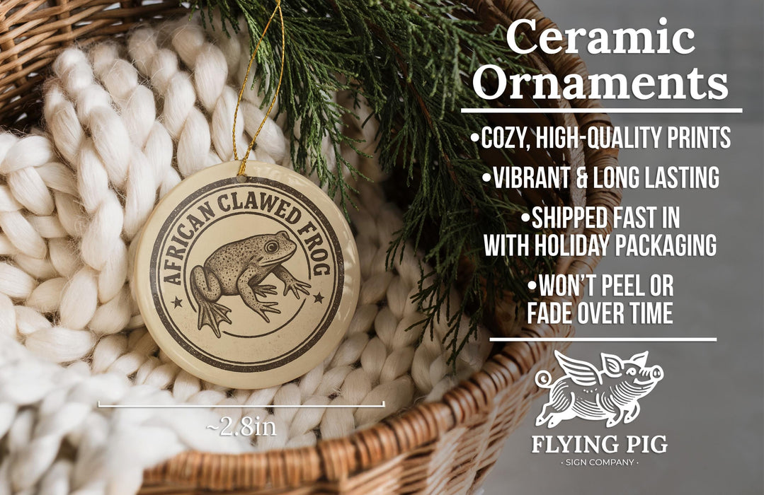 Ceramic ornaments, featuring a ceramic frog ornament with a tagline about its features.