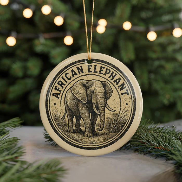 A circular ornament featuring an illustration of an elephant, with the text "African Elephant" prominently displayed.