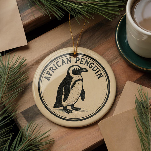 A decorative ornament featuring an illustration of an African penguin is displayed on a wooden surface, accompanied by a cup of coffee and pine branches.