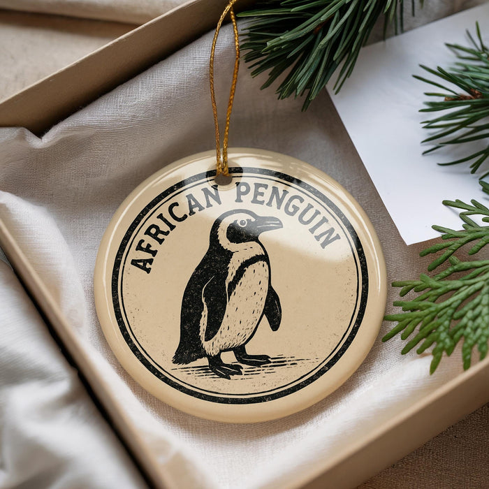 A decorative ornament featuring an illustration of an African penguin, with the text "AFRICAN PENGUIN" printed on it.