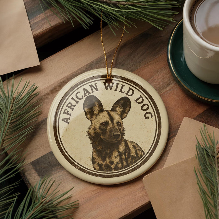 A circular ornament featuring a wild dog, with the text "African Wild Dog" printed on it, is displayed on a wooden surface alongside a cup of coffee and some pine branches.