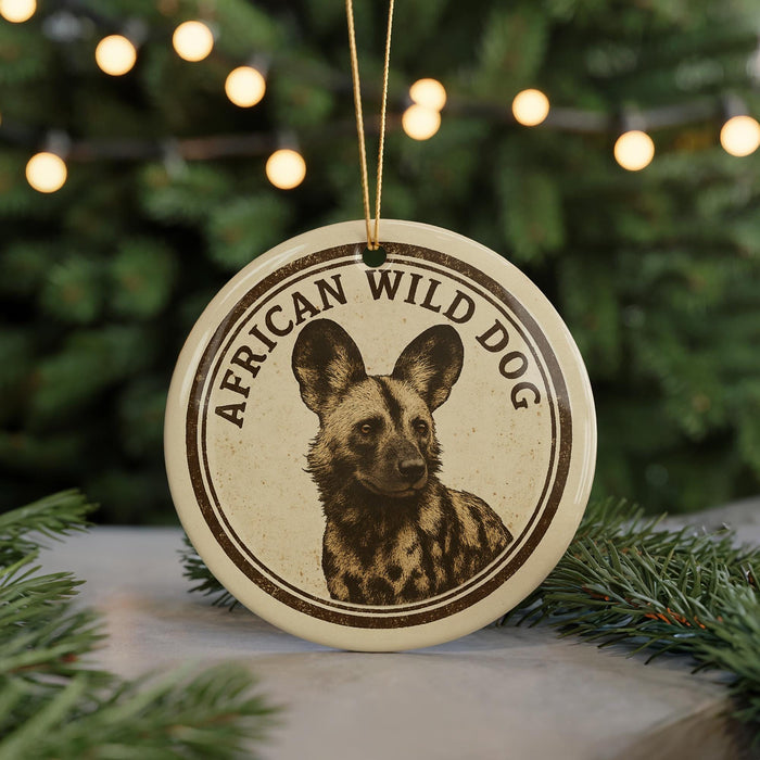 A circular ornament featuring a close-up image of a wild dog, with the text "African Wild Dog" around the edge.