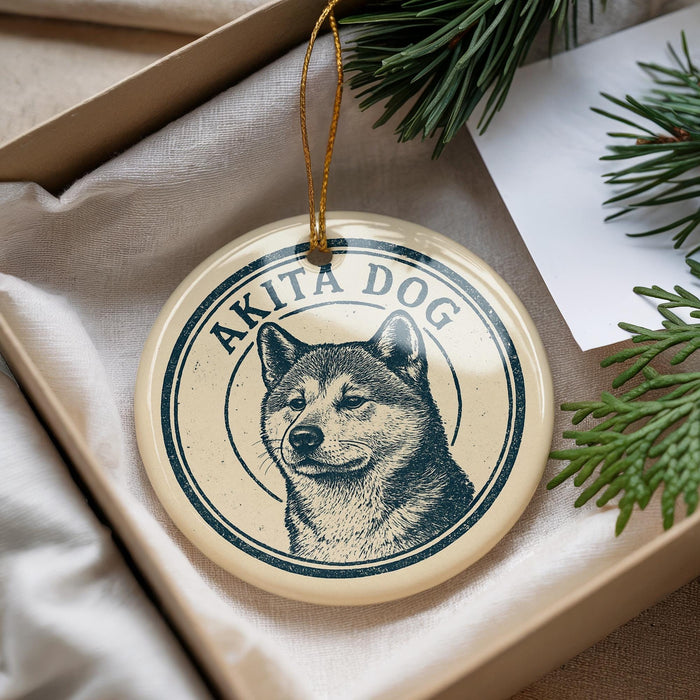 A circular ornament featuring a dog's head and the text "AKITA DOG" is displayed in a box with pine branches.