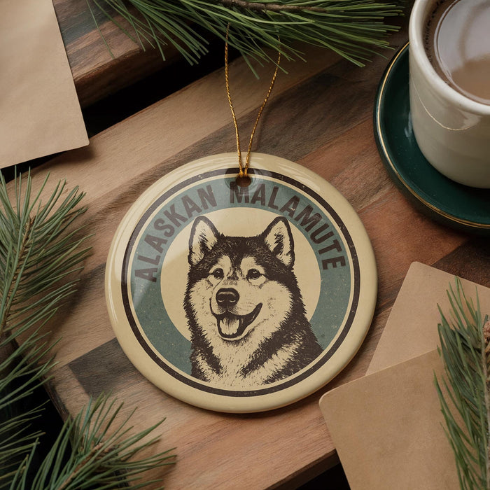 A circular ornament featuring a black and white illustration of a husky dog, with the text "Alaskan Malamute" printed on it, is displayed on a wooden surface alongside a cup of coffee and some pine branches.