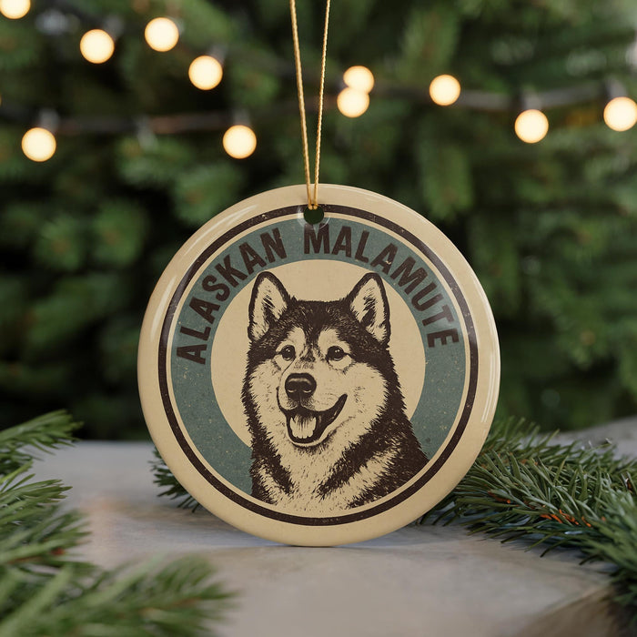 A circular ornament featuring a black and white illustration of a husky dog, with the text "Alaskan Malamute" written around the edge.