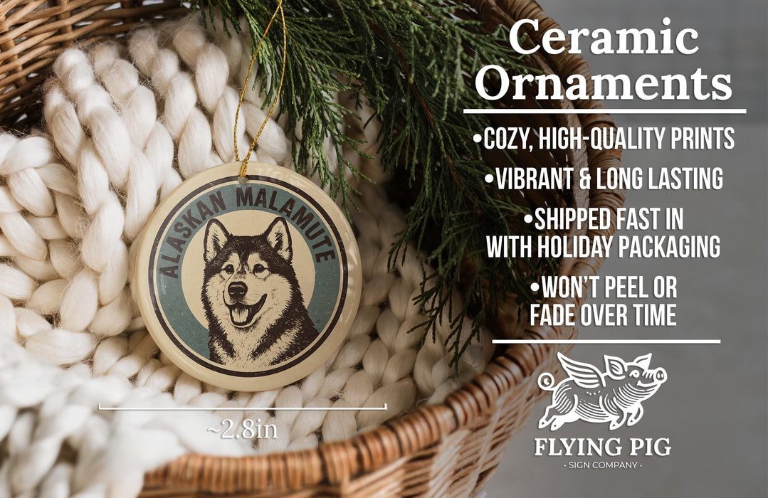 Ceramic ornaments, featuring a ceramic ornament with a dog image and a wicker basket with greenery.