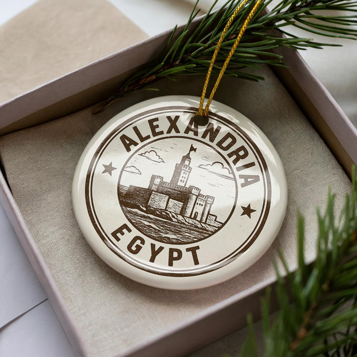 A circular ornament with the text "ALEXANDRIA EGYPT" printed on it, surrounded by a decorative border and a small illustration of a castle.