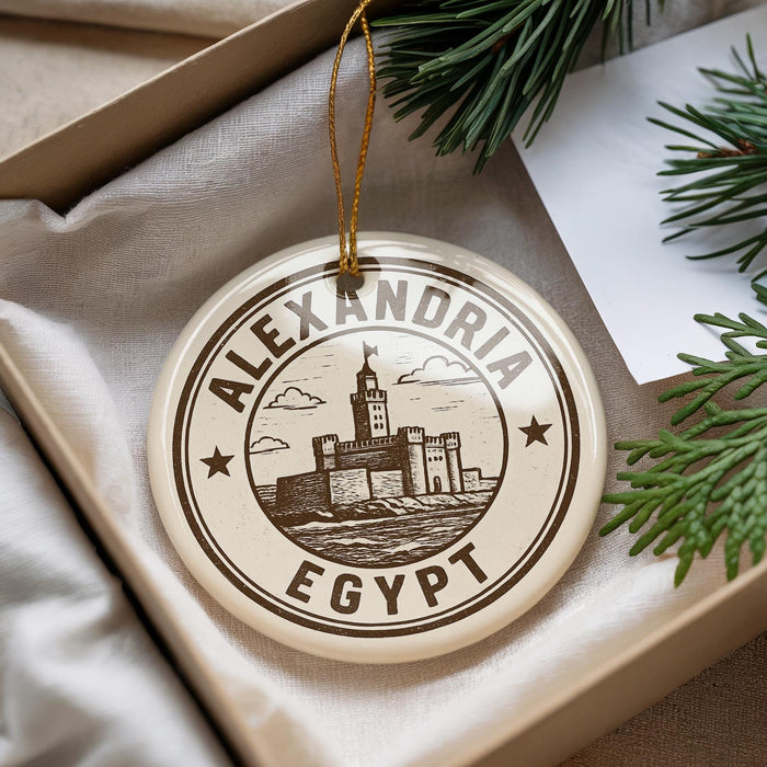 A circular ornament with the text "ALEXANDRIA EGYPT" printed on it, surrounded by a decorative border. The ornament is hanging from a string, and there are pine branches and a white paper visible in the background.