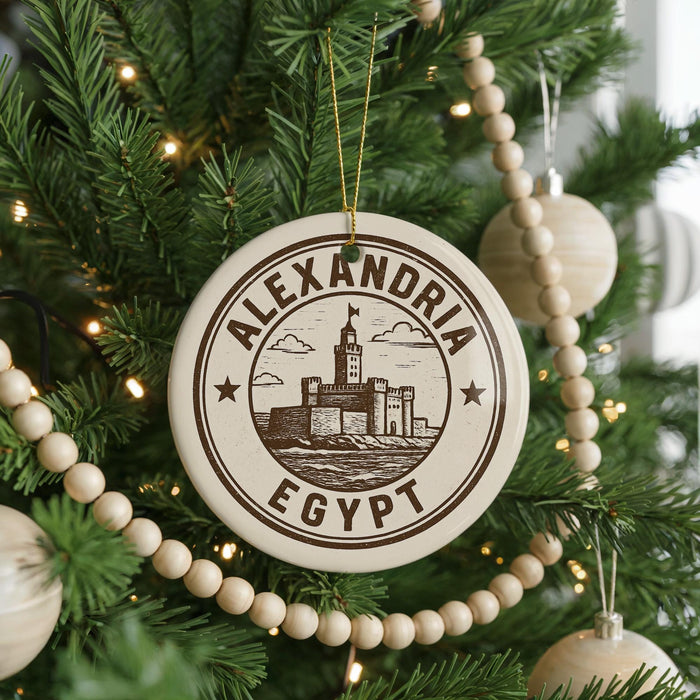A circular ornament on a Christmas tree, featuring a castle and the text "ALEXANDRIA EGYPT".