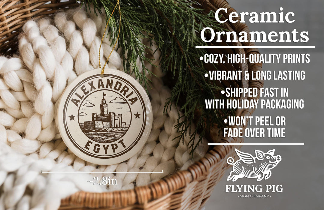 a ceramic ornament with a design of a castle, hanging in a basket with greenery. The ornament is described as a "Ceramic Ornaments" and is made of "Ceramic" material.