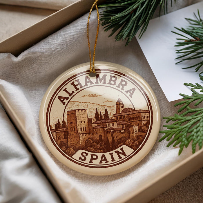 A circular ornament with a picture of Alhambra, a palace complex in Spain, is displayed in a box with pine branches.