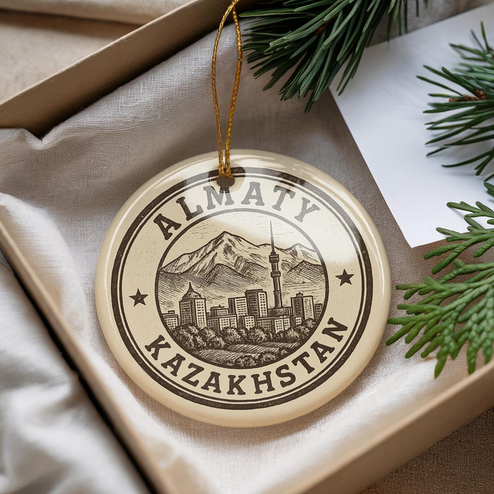 A circular ornament with the text "ALMATY KAZAKHSTAN" printed on it, surrounded by a decorative border. The ornament is hanging from a string, and there are pine branches and a white paper visible in the background.