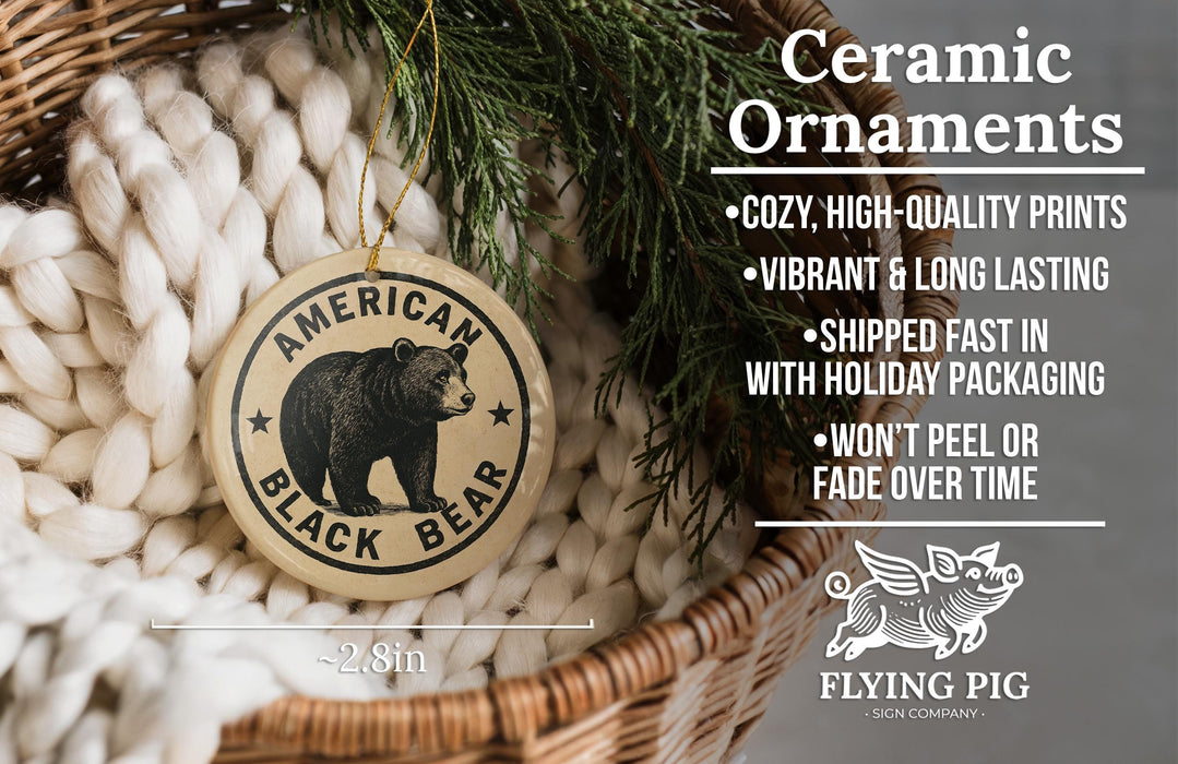 Ceramic ornaments featuring a black bear, with text describing the ornaments as "cozy, high-quality prints, vibrant and long lasting, shipped fast in with holiday packaging, won't peel or fade over time".