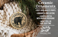 Ceramic ornaments featuring a black bear, with text describing the ornaments as "cozy, high-quality prints, vibrant and long lasting, shipped fast in with holiday packaging, won't peel or fade over time".
