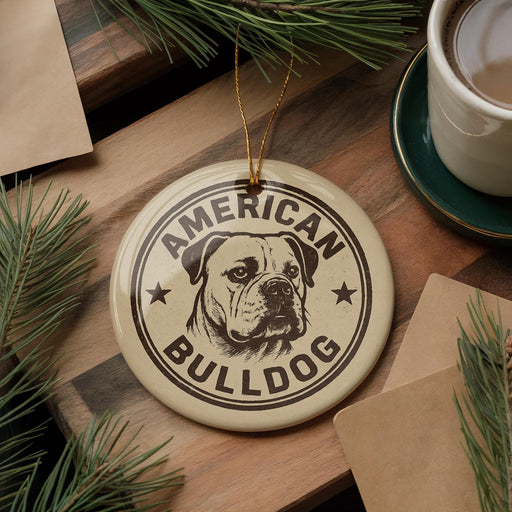 A circular ornament with the text "AMERICAN BULLDOG" and a bulldog image is displayed on a wooden surface, surrounded by pine branches and a cup of coffee.