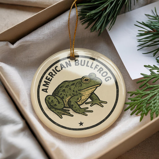 A circular ornament featuring a green frog, with the text "AMERICAN BULLFROG" printed on it, is displayed in a box with pine branches.