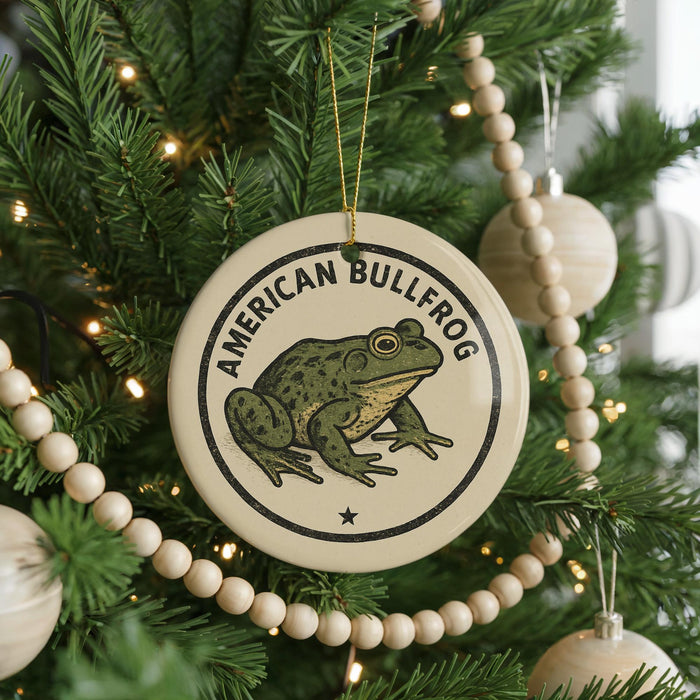 A Christmas tree decorated with ornaments, including a circular ornament featuring a green frog.