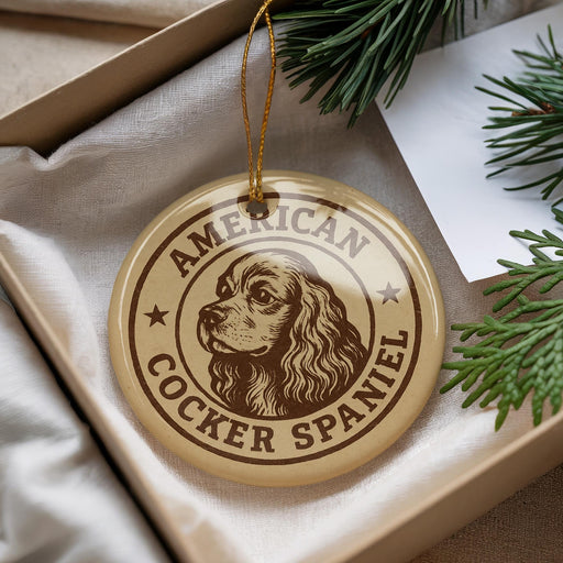 A circular ornament featuring an illustration of a Cocker Spaniel dog, with the text "AMERICAN COCKER SPANIEL" printed on it.