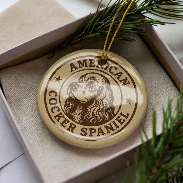 A circular ornament featuring an illustration of a Cocker Spaniel dog, with the text "AMERICAN COCKER SPANIEL" printed on it. The ornament is placed inside a box, surrounded by pine branches.