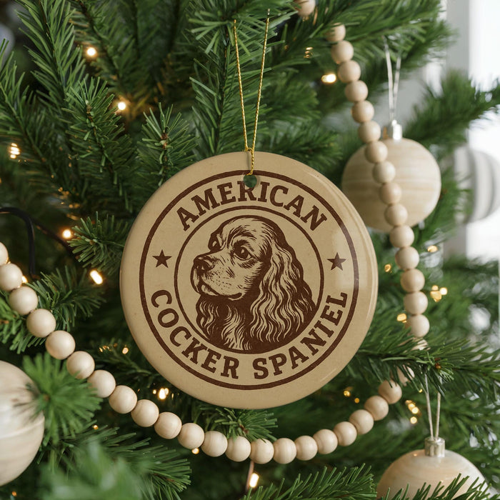 A Christmas tree decorated with ornaments, including a circular ornament with a Cocker Spaniel image and the text "AMERICAN COCKER SPANIEL".