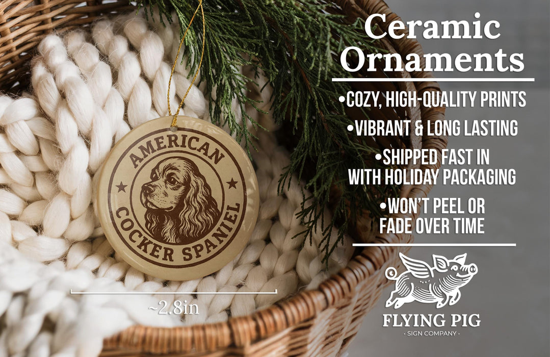 Ceramic ornaments featuring a ceramic dog, specifically an American Cocker Spaniel, are displayed in a wicker basket.