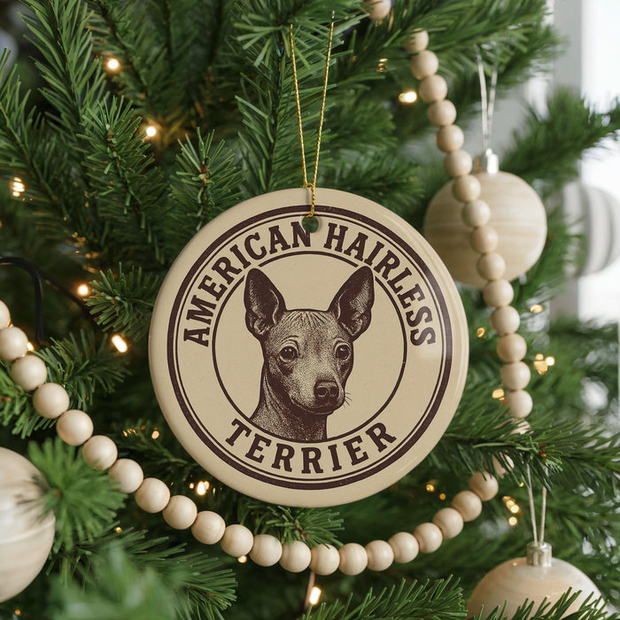 A Christmas tree decorated with ornaments, including a circular ornament with a picture of a terrier dog and the text "American Hairless Terrier".