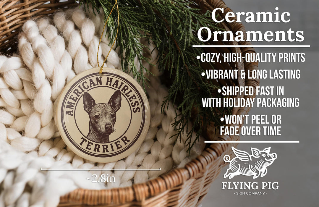Ceramic ornaments featuring a dog's head, specifically an American Hairless Terrier, are displayed in a woven basket.