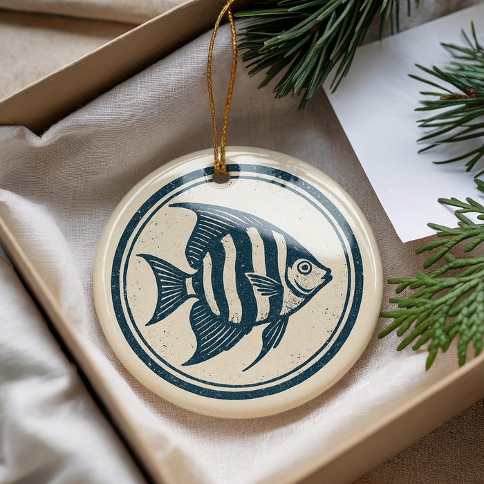A decorative ornament featuring a blue and white striped fish is displayed in a box, surrounded by pine branches.