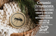 a ceramic ornament hanging from a wicker basket, with a text overlay providing information about the ornament.