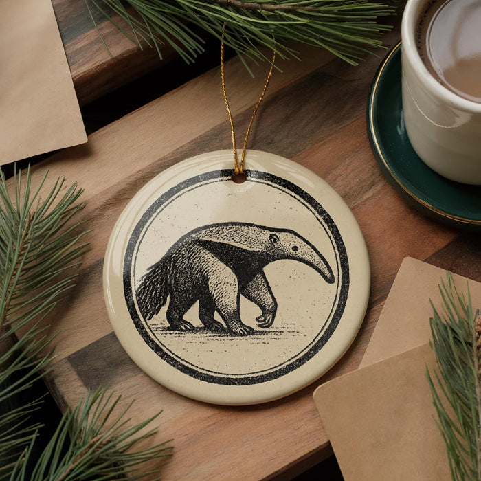 a ceramic ornament with a black and white illustration of an animal, possibly a bear or a badger, on a wooden surface. The ornament is hanging from a string, and there is a cup of coffee and some pine branches in the background.