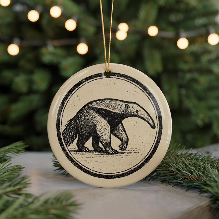 A circular ornament featuring a black and white illustration of an animal, likely a bear, is displayed in front of a blurred background of Christmas lights.