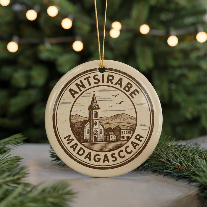 A circular ornament with the text "ANTISIRABE MADAGASCAR" and an illustration of a church and a mountain in Madagascar.