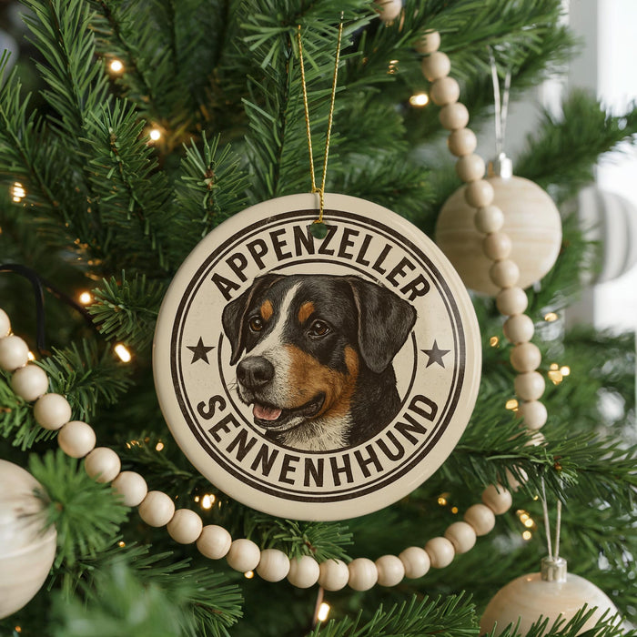 A Christmas tree decorated with ornaments, including a circular ornament with a dog's face and the text "Appenzeller Sennenhund".